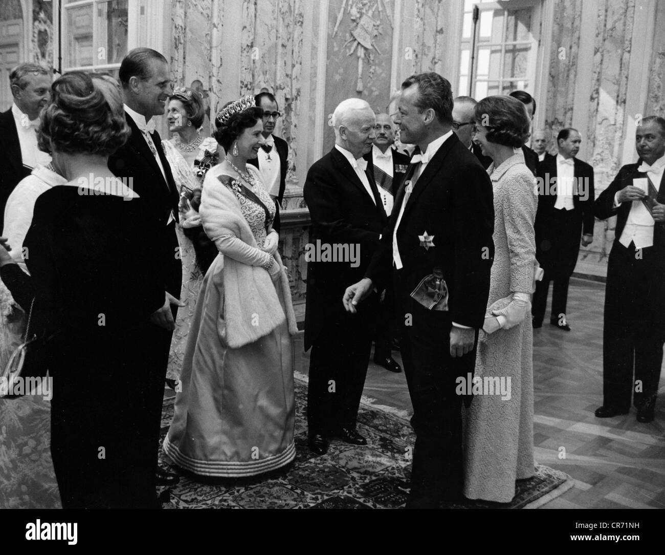 Elizabeth II, * 21.4.1926, Queen of Great Britian since 6.2.1952, state visit to West Germany, 18.- 25.5.1965, receiption at Augustenburg Castle, Bruehl, wit Federal President Heinrich Luebke and governing Mayor of Berlin Willy Brandt, 18.5.1965, , Stock Photo