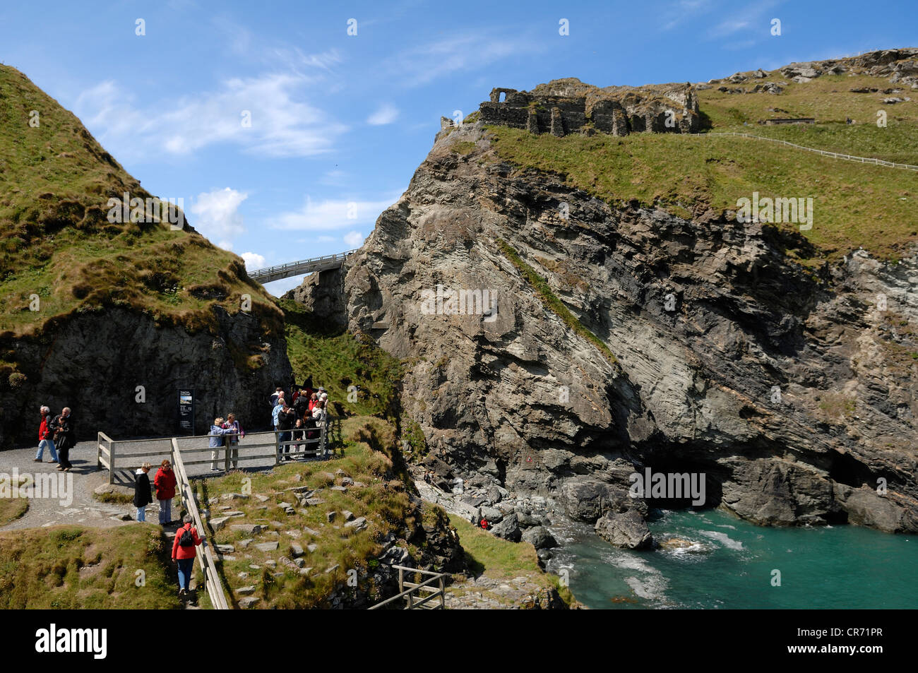 Rugged cliffs on the coast near Tintagel, Tintagel Castle on the cliff, a Celtic Early Christian monastery between the 5th and Stock Photo