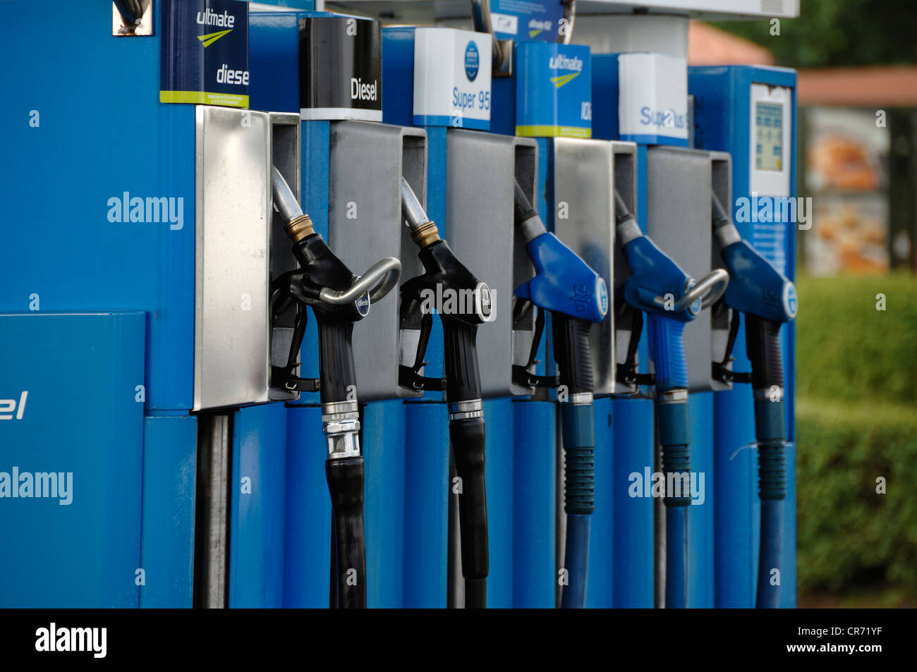 Petrol pumps at a gas station on the A9 motorway, Germany, Europe Stock Photo