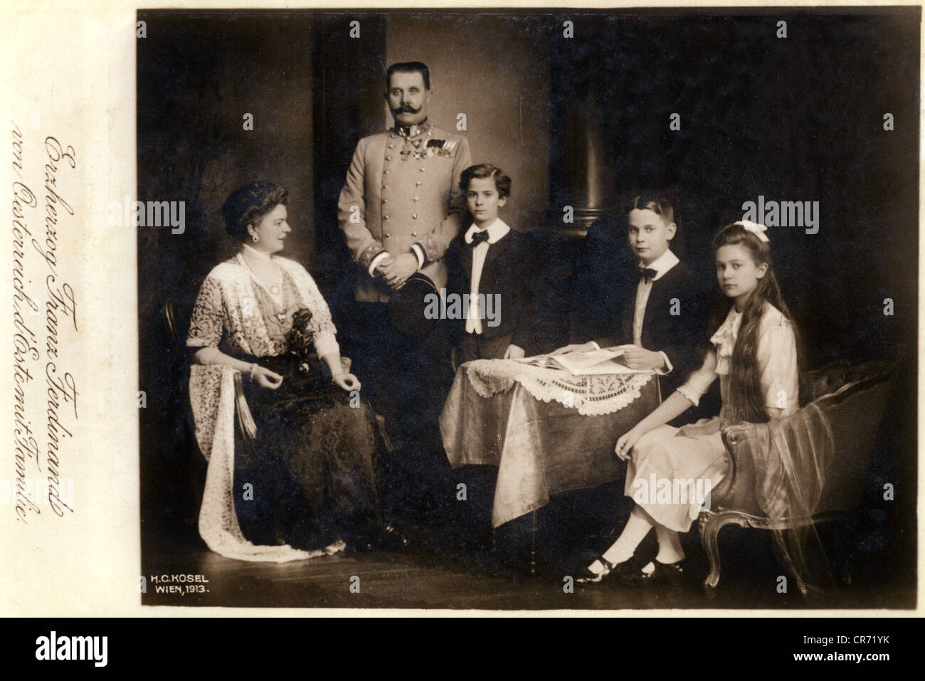 Franz Ferdinand, 18.12.1863 - 28.6.1914, Heir Presumptive of Austria-Hungary 30.1.1889 - 28.6.1914, with family, picture postcard by  H. C. Kosel, Vienna, 1913, , Stock Photo