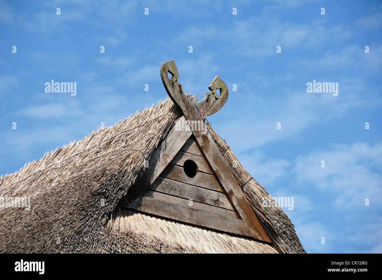 Niedersachsenpferde, gabel cross with symbolic horse heads, and a hole for  owls on the gable of a farmhouse against a cloudy sky Stock Photo - Alamy