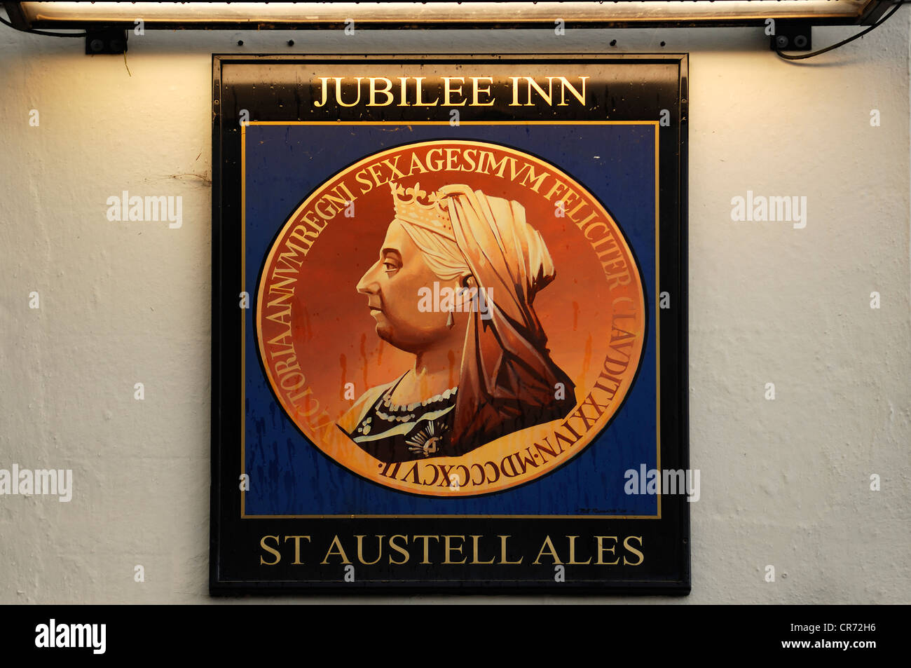 Hotel sign with a portrait of Queen Victoria, Jubilee Inn, Jubilee Hill, Pelynt, Cornwall, England, United Kingdom, Europe Stock Photo