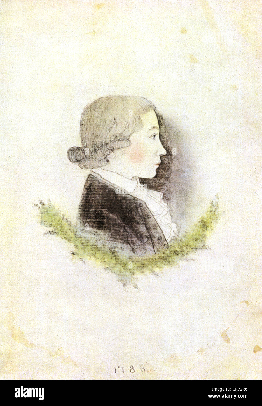 Hoelderlin, Friedrich, 20.3.1770 - 7.6.1843, German author / writer, portrait, sideface, at the age of 16, coloured drawing, 1786, , Stock Photo