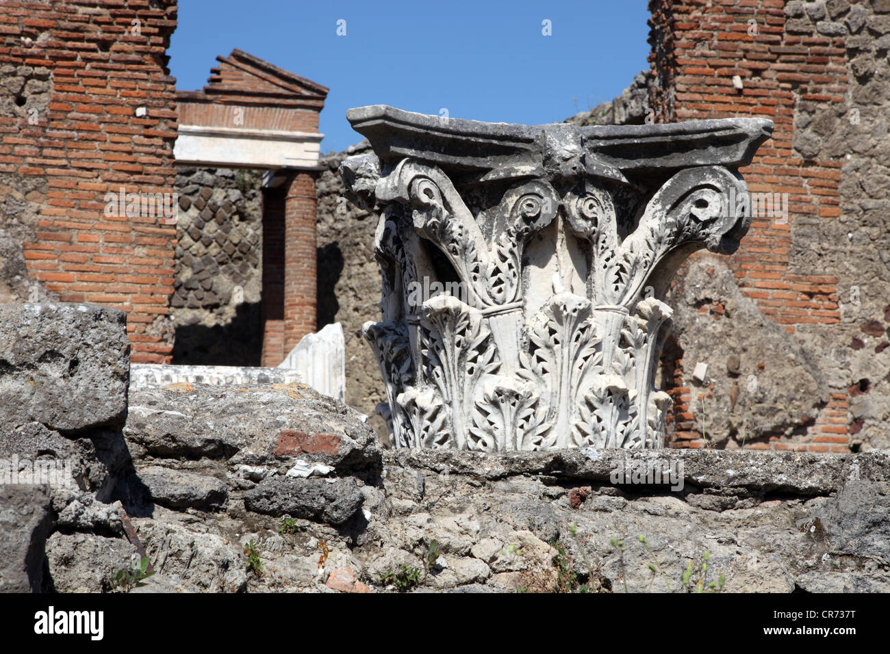 Roman Corinthian capital, head of a pillar or column, Pompeii, Italy Stock Photo