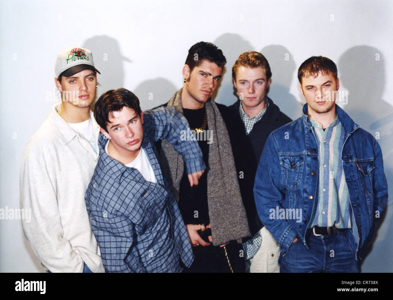 Boyzone, Irish pop group, formed in 1993, (Keith Duffy, Stephen Gately, Shane Lynch, Ronan Keating, Mikey Graham), group picture, Munich, Germany, March 1996, Stock Photo