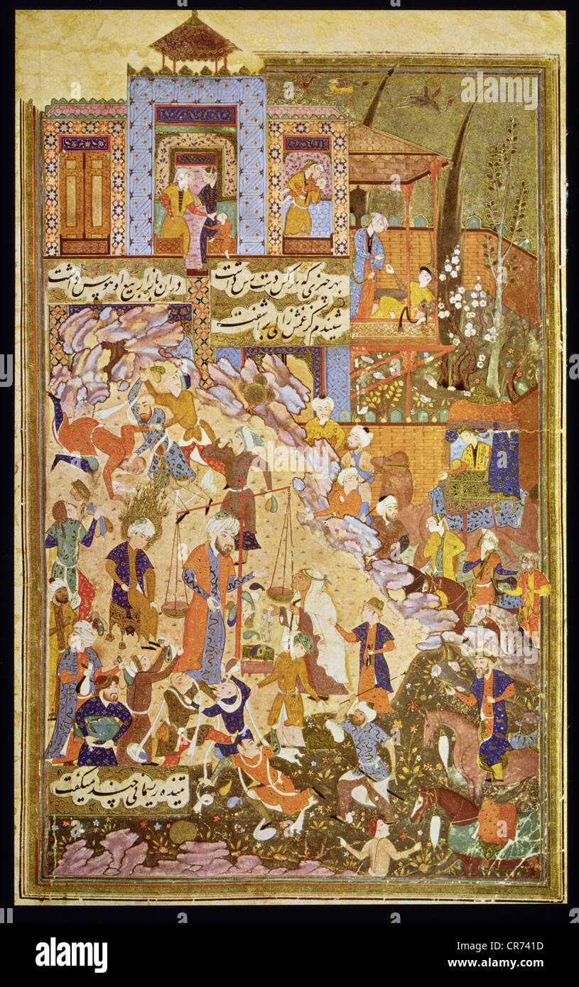 Timur (Tamerlane), 8.4.1336 - 19.1.1405, Mongol Khan, entering Sarmakand, Persian miniature, Sharaf Al-Din Ali Jesdi, Shiraz, circa 1430, Frerr Gallery, Washington DC, , Stock Photo