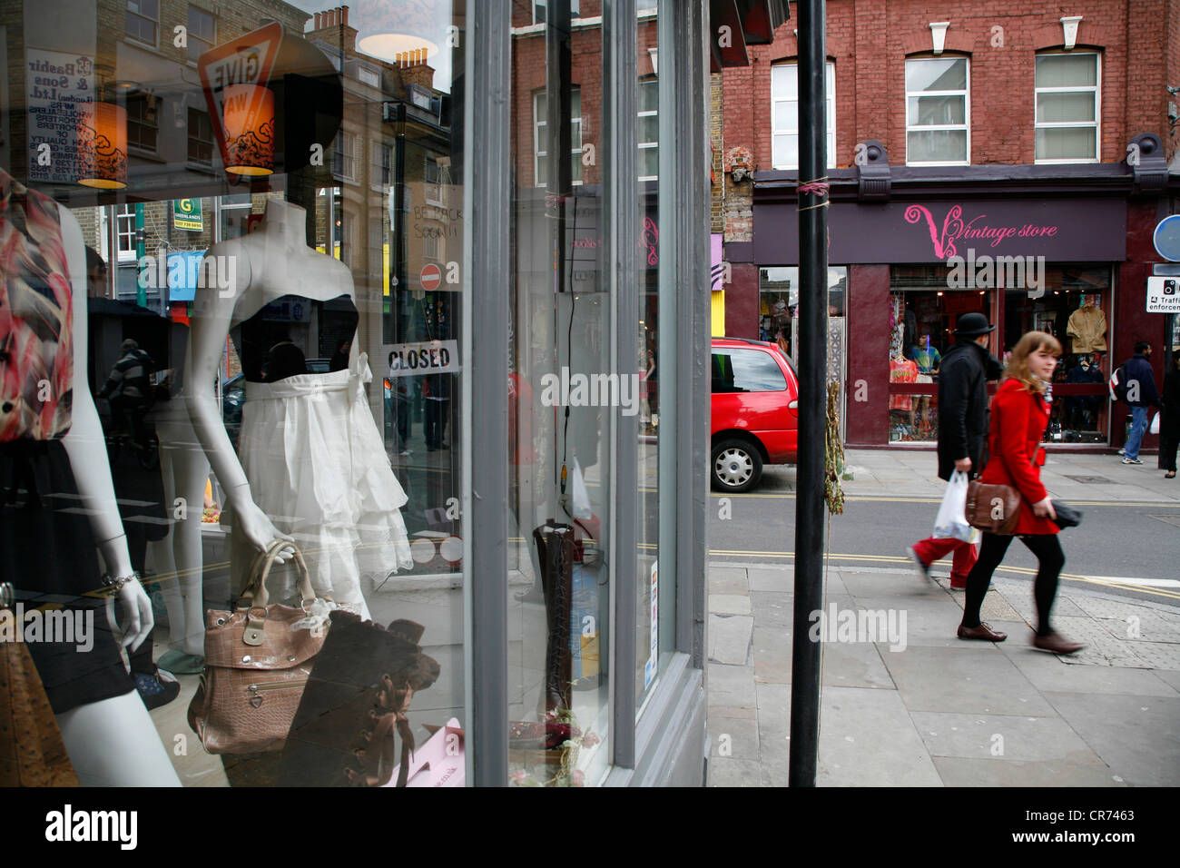 Vintage clothes shops Miss Muse and Vintage Store on Brick Lane, Shoreditch, London, UK Stock Photo