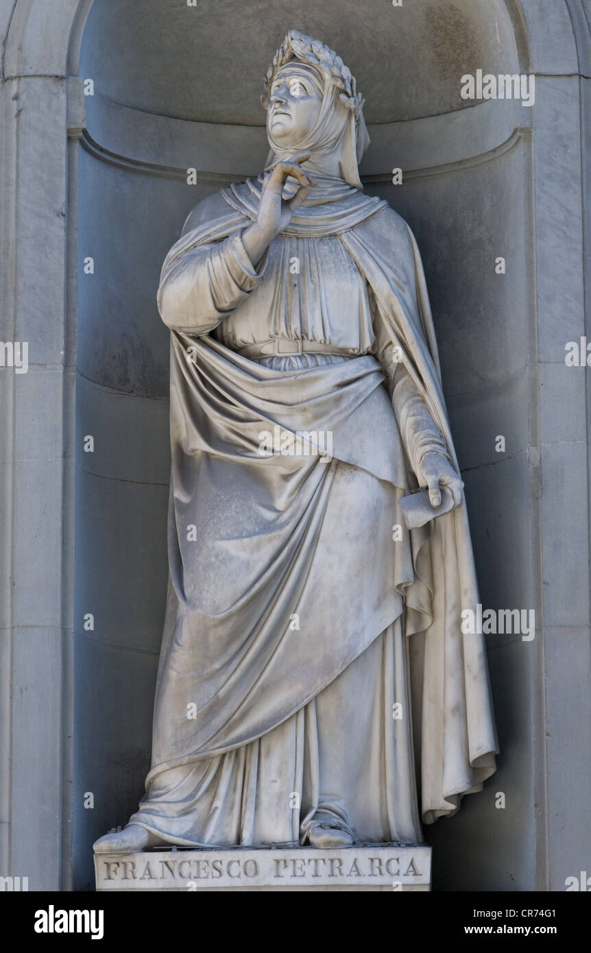 Petrarca, Francesco, 20.7.1304 - 19.7.1374, Italian humanist and writer, statue, Uffizi, Florence, Italy, Stock Photo
