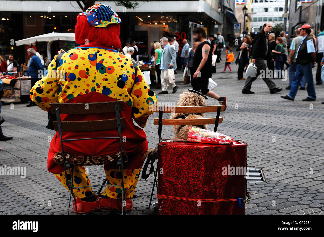 Clown with his dog sitting in a pedestrian area, Nuremberg, Middle Franconia, Bavaria, Germany, Europe Stock Photo