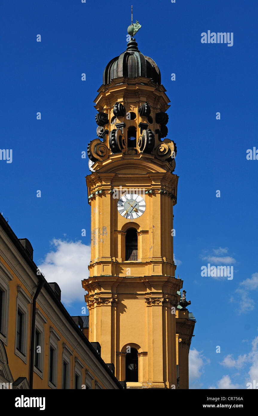 A tower of the Roman Catholic Theatine Church St. Cajetan, late Baroque, Salvatorplatz 2, Munich, Bavaria, Germany, Europe Stock Photo