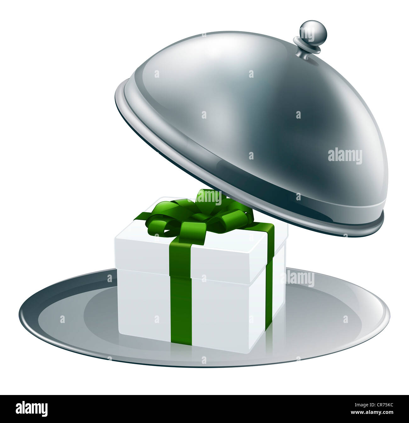 Illustration of a luxury gift on a silver platter tied with green ribbon and bow Stock Photo