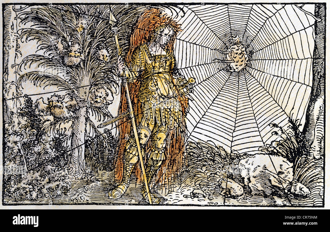 Athena, Greek goddess of wisdom, rivalry with Arachne, woodcut by Petrarca Master (1532 - 1620) to "Von der Artzney bayder Glueck" (De remediis utriusque fortunae 1344/1366), by Francesco Petrarca (1304-1374), , Stock Photo
