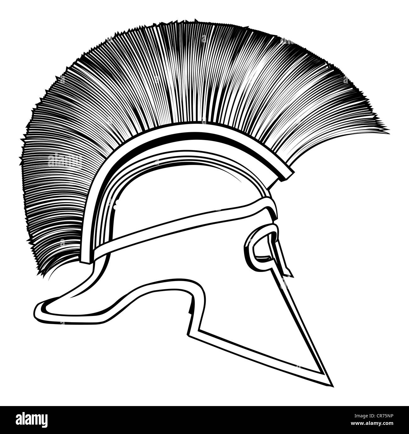 Black and white illustration of a side on ancient Greek Warrior helmet, Spartan helmet, Roman helmet or Trojan helmet. Stock Photo