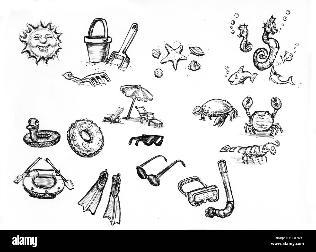 hand drawn sketches of summer beach items Stock Photo