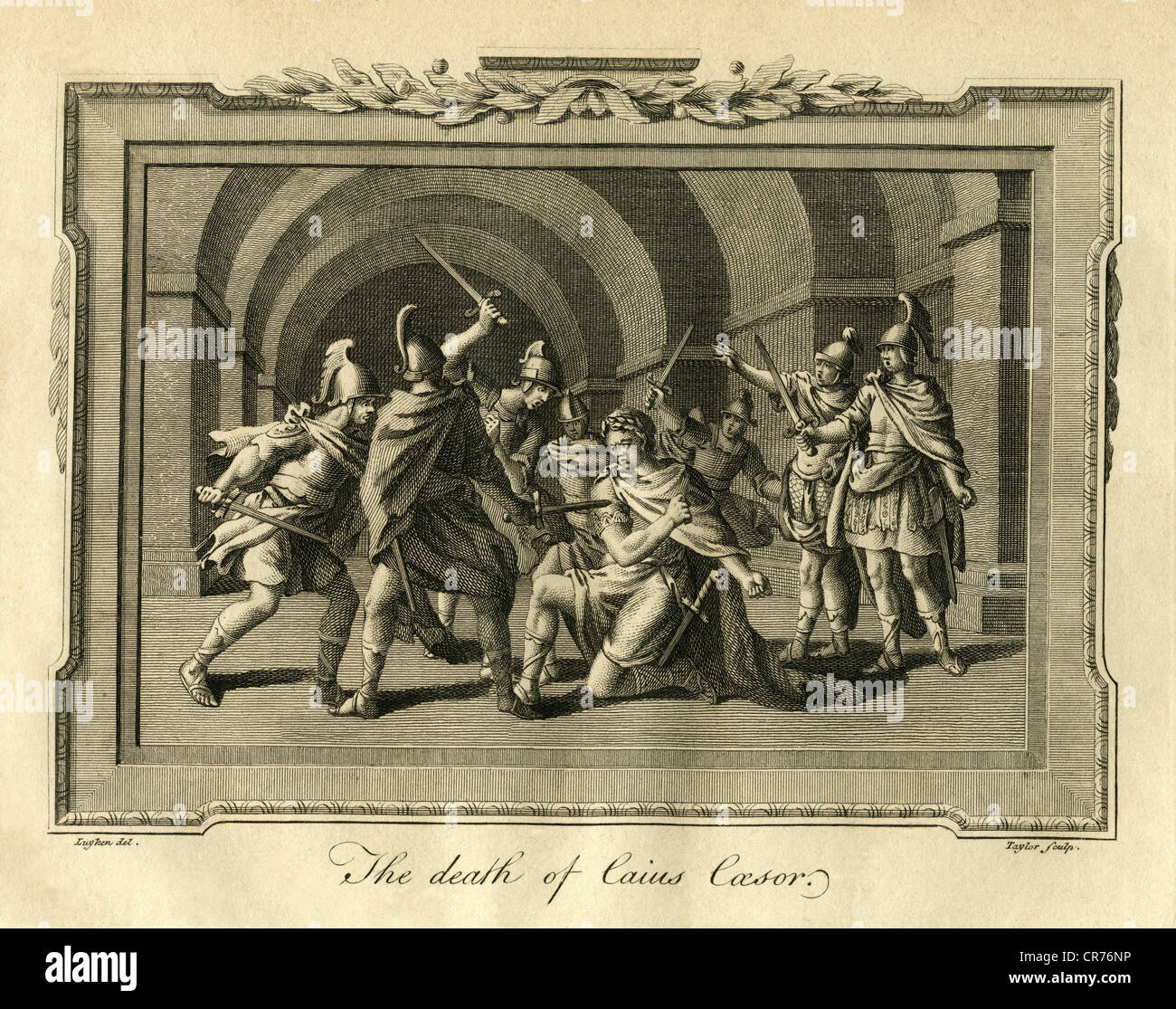The death of Caius Caesar, Roman emperor, strategist and writer, killed at 15.03.44  before Christ, copperplate engraving from about 1850 . , Artist's Copyright has not to be cleared Stock Photo
