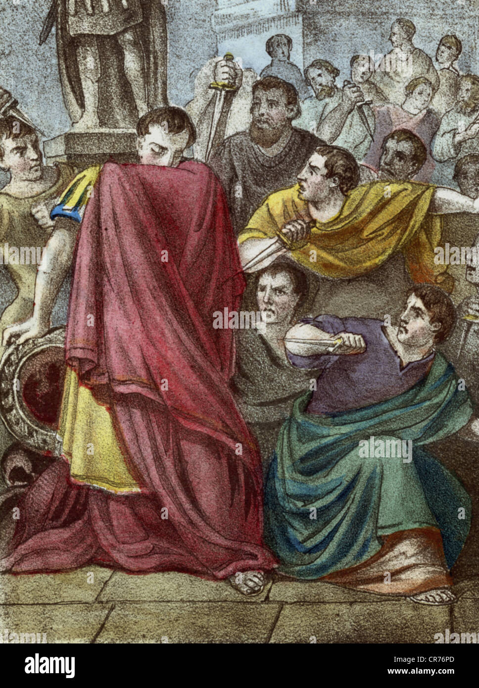 The death of Caius Julius Caesar, Roman emperor, strategist and writer, killed at the 15. 3. 44 before Christ, coloured copperplate engraving from:'Historische Bilder'(historical pictures), aacounts about well known events and men, arranged by Dr. F. Orelli, publishing house August Riese, Berlin, circa 1850, Artist's Copyright has not to be cleared Stock Photo