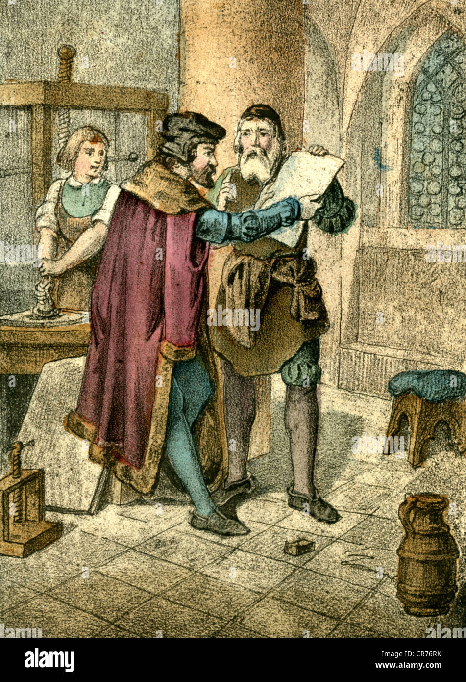 Gutenberg, Johannes, inventor of the art of printing, probably about 1440, born circa 1440, died 1468, coloured copperplate engraving from 'Historische Bilder' (historical pictures), accounts about well known events or men,  arranged  by Dr. F. Orelli, publishing house August Riese, Berlin, circa 1850, Artist's Copyright has not to be cleared Stock Photo