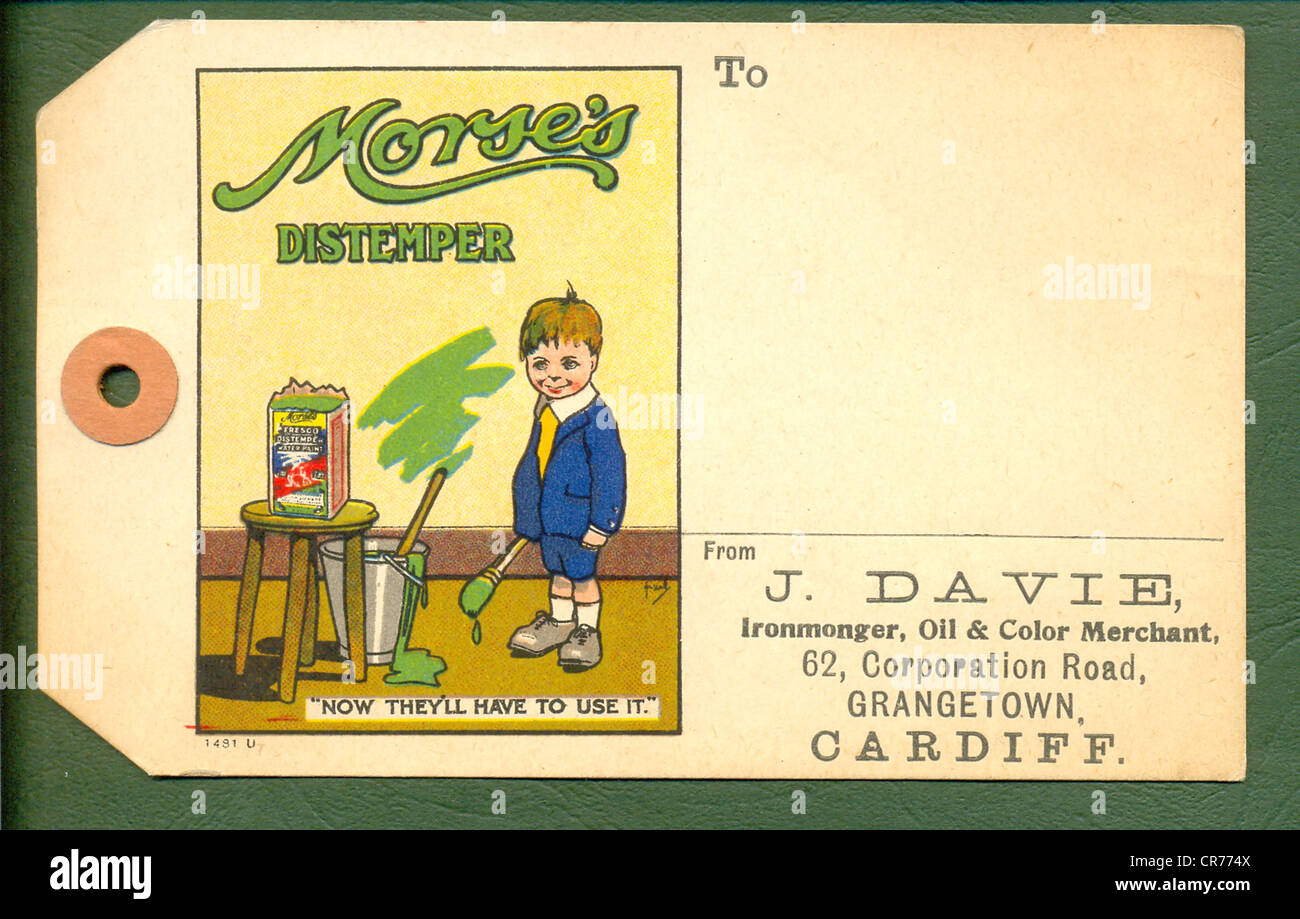 Pictorial parcel label by artist John Hassall for Morse's Distemper, sold by J Davie, Grangetown, Cardiff, Wales. Stock Photo