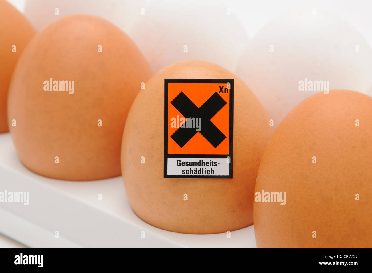 Chicken eggs with hazard symbol "Gesundheitsschaedlich", German for