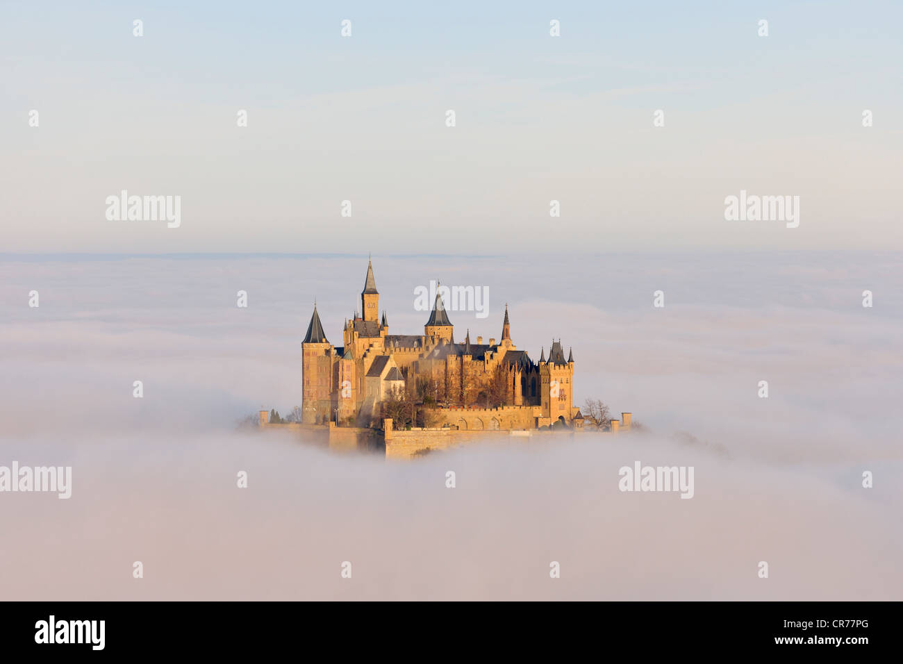 Burg Hohenzollern Castle with fog, autumn, Hechingen, Swabian Alb, Baden-Wuerttemberg, Germany, Europe Stock Photo