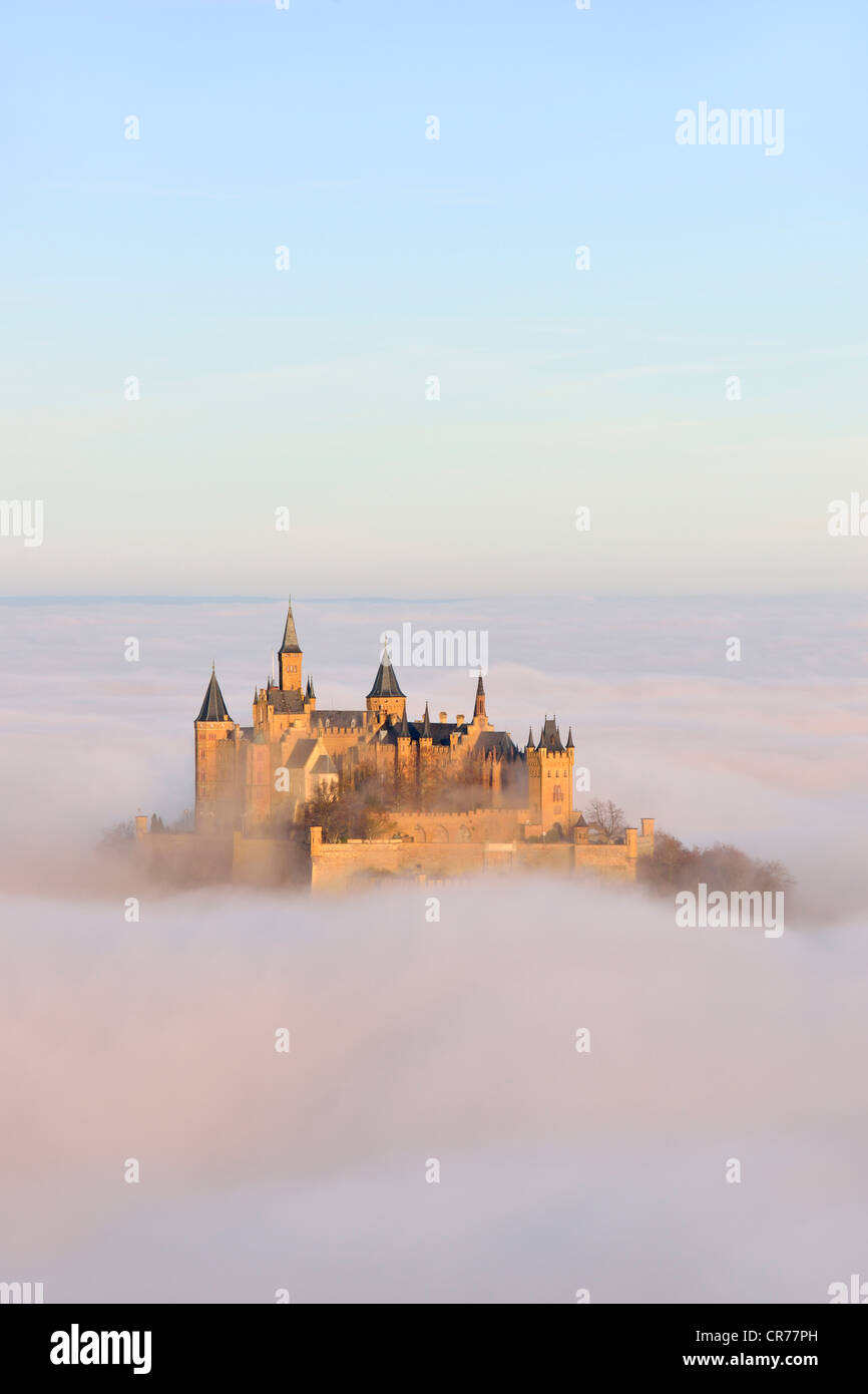 Burg Hohenzollern Castle with fog, autumn, Hechingen, Swabian Alb, Baden-Wuerttemberg, Germany, Europe Stock Photo