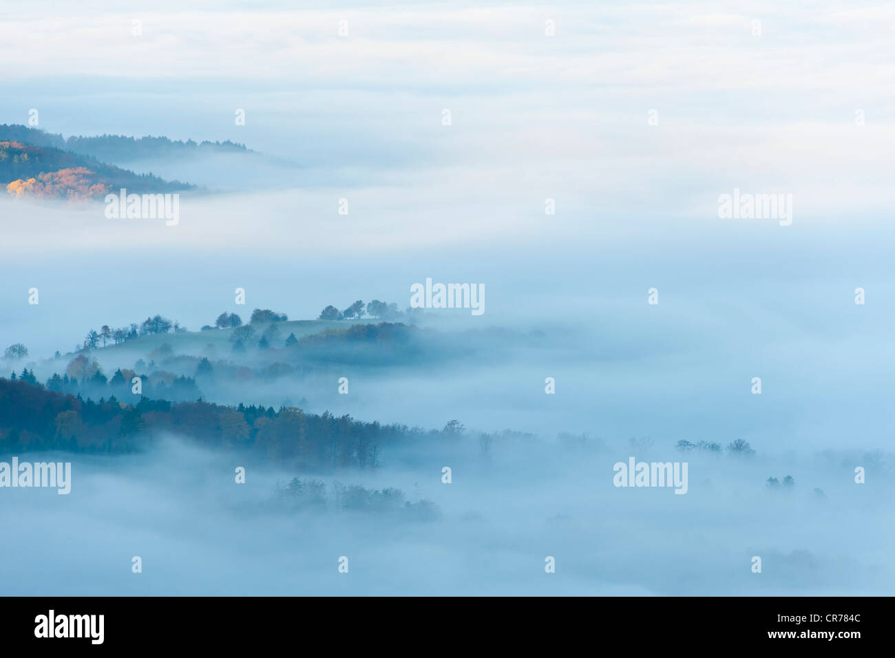 Misty landscape near Balingen, Swabian Alb, Baden-Wuerttemberg, Germany, Europe Stock Photo