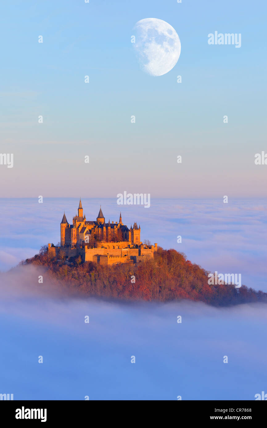 Burg Hohenzollern castle, with moon in morning light, autumn forest, morning mist, Schwaebische Alb, Swabian Alb Stock Photo
