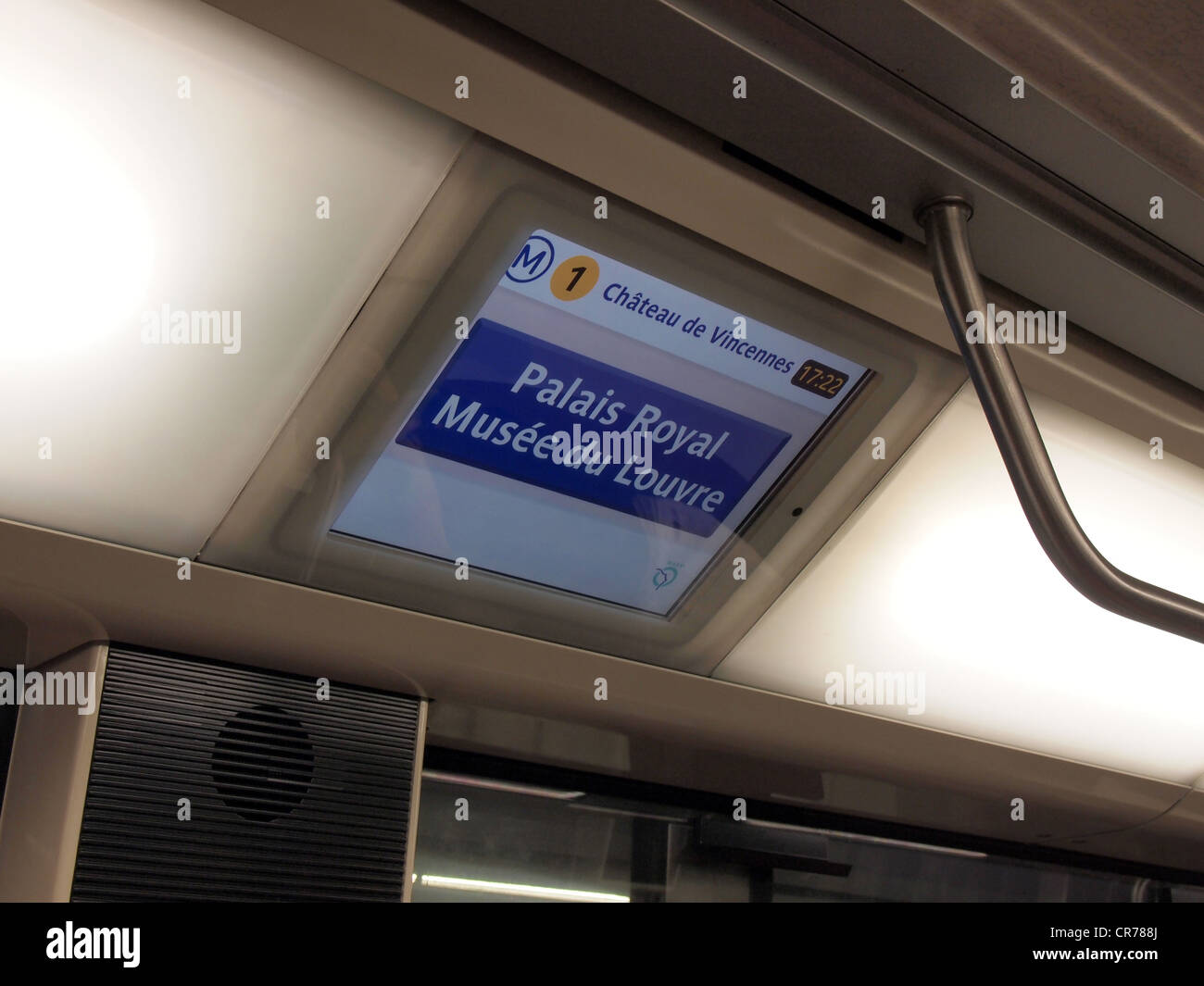 Information monitor inside train on Paris Metro Line 1, Paris, France, May 13, 2012, © Katharine Andriotis Stock Photo