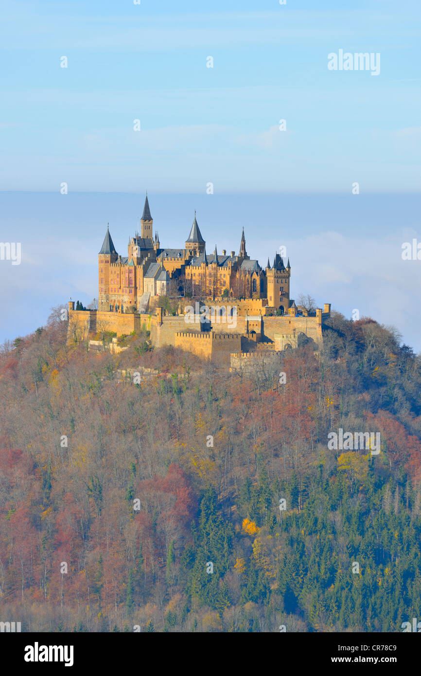 Burg Hohenzollern castle with fog, Swabian Alp, BadenWuerttemberg