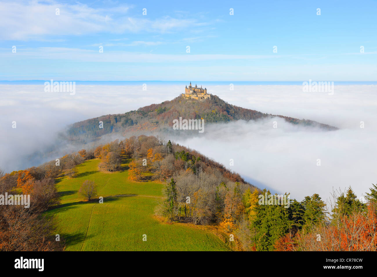 Burg Hohenzollern castle with fog, Swabian Alp, Baden-Wuerttemberg, Germany, Europe Stock Photo