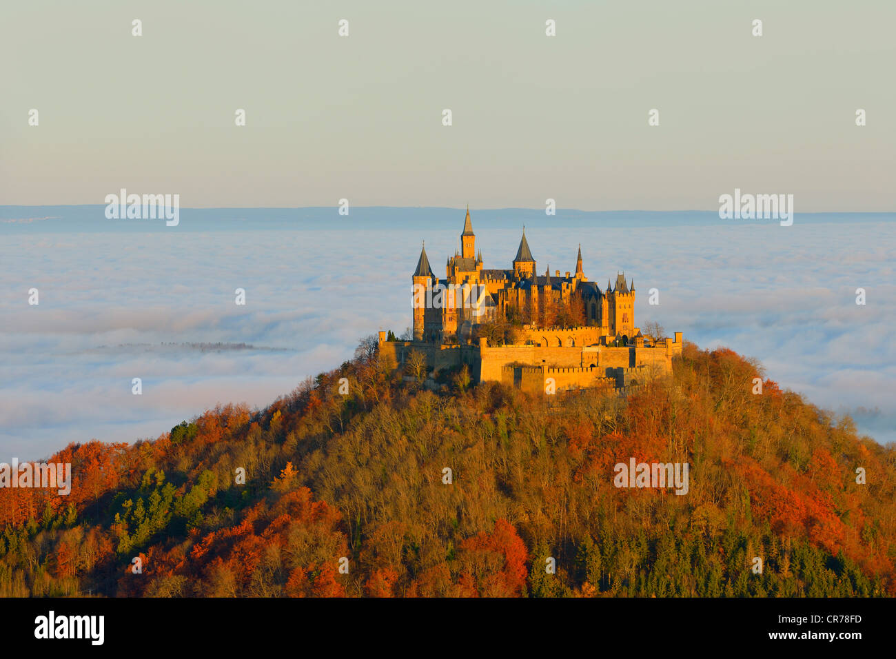 Burg Hohenzollern castle at sunrise, Swabian Alb, Baden-Wuerttemberg, Germany, Europe Stock Photo