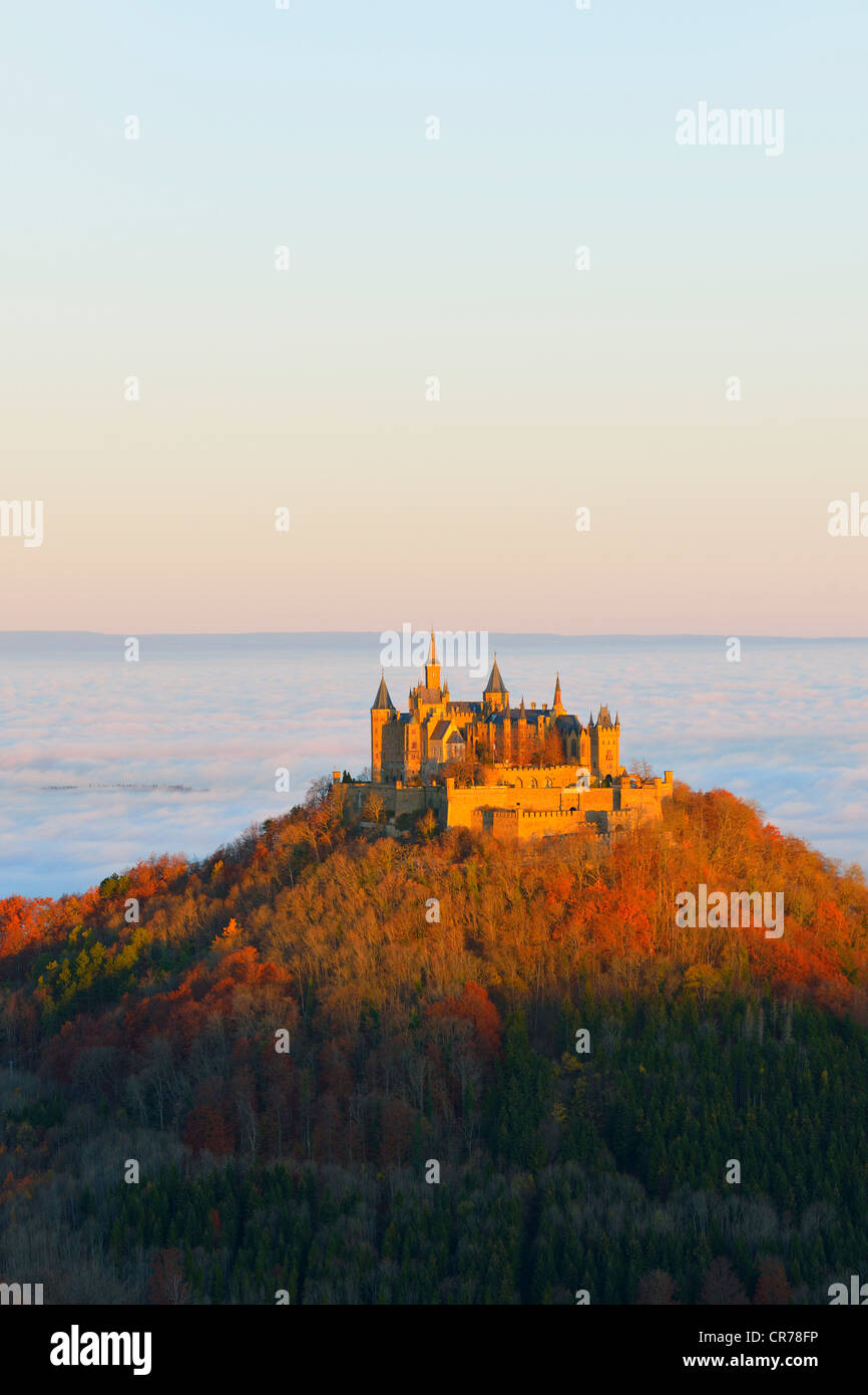 Burg Hohenzollern castle at sunrise, Swabian Alb, Baden-Wuerttemberg, Germany, Europe Stock Photo