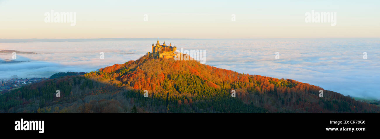 Burg Hohenzollern castle, autumn, in the morning, Swabian Alb, Baden-Wuerttemberg, Germany, Europe Stock Photo