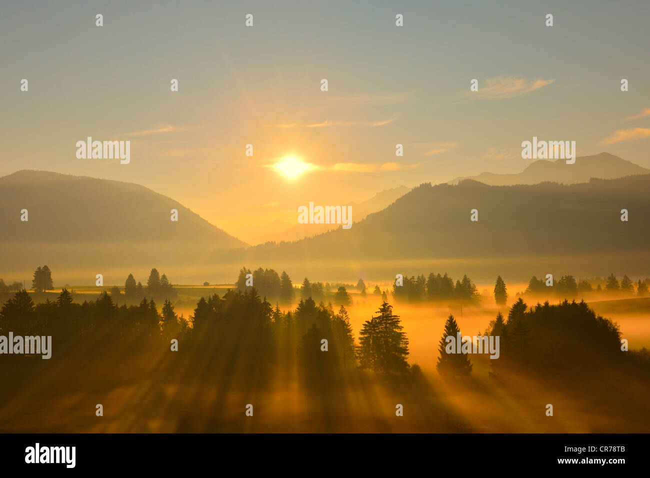 Sunrise near Buching, Ostallgaeu, Allgaeu, Bavaria, Germany, Europe Stock Photo