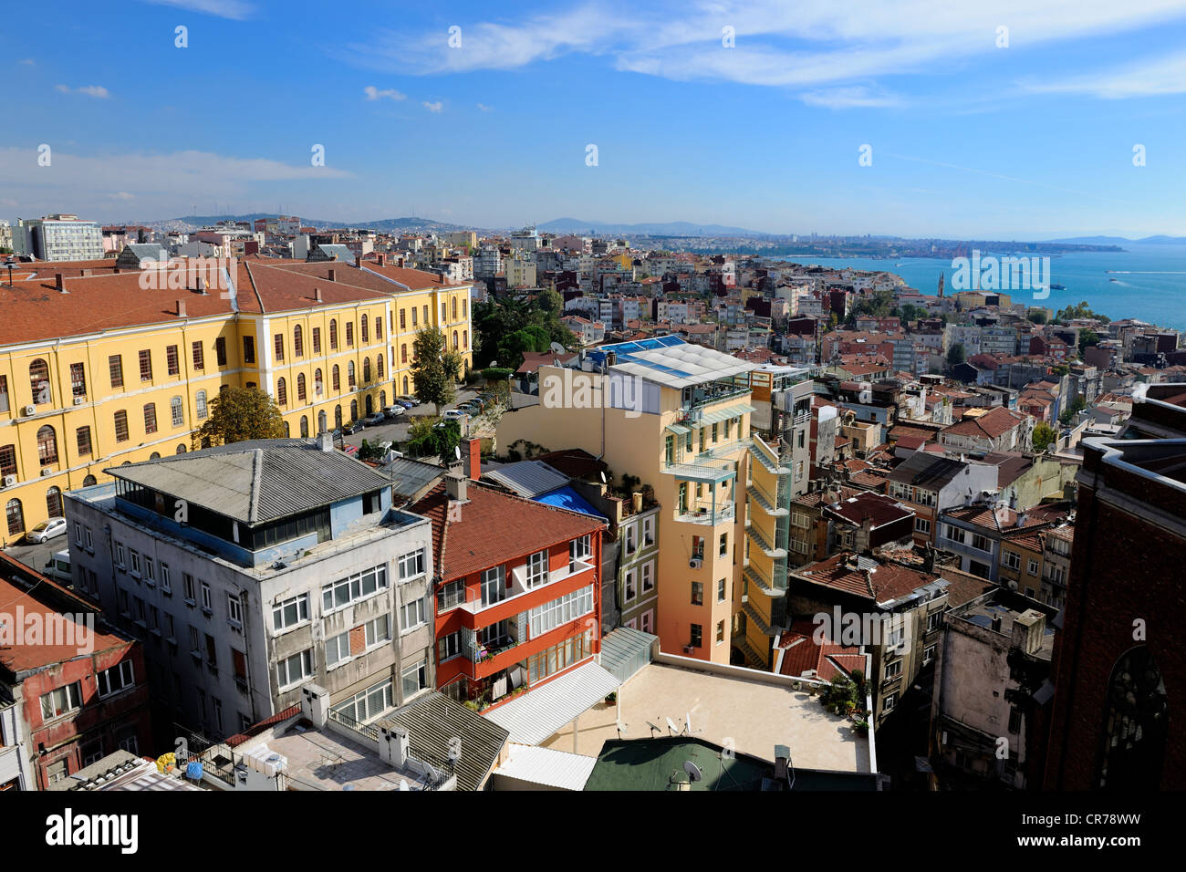 Turkey, Istanbul, Beyoglu District, Galatasaray French High School and Bosphore Strait in the background Stock Photo