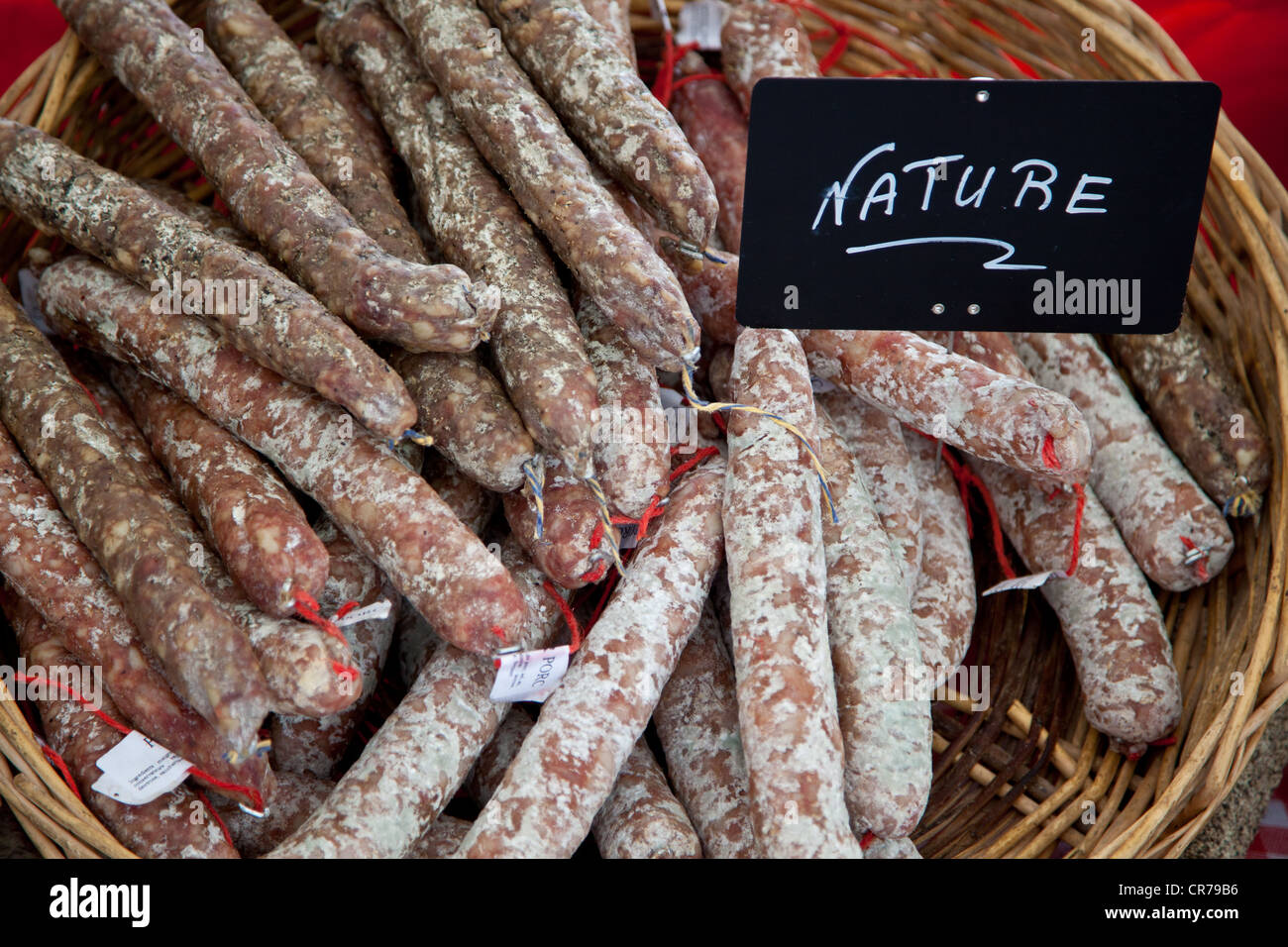 Fine airdried sausages at market stall Stock Photo Alamy