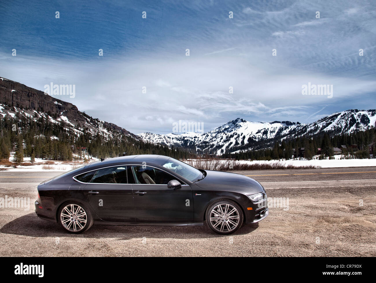 Audi A7 parked on Highway 88 California in the Sierra Nevada Mountains Stock Photo