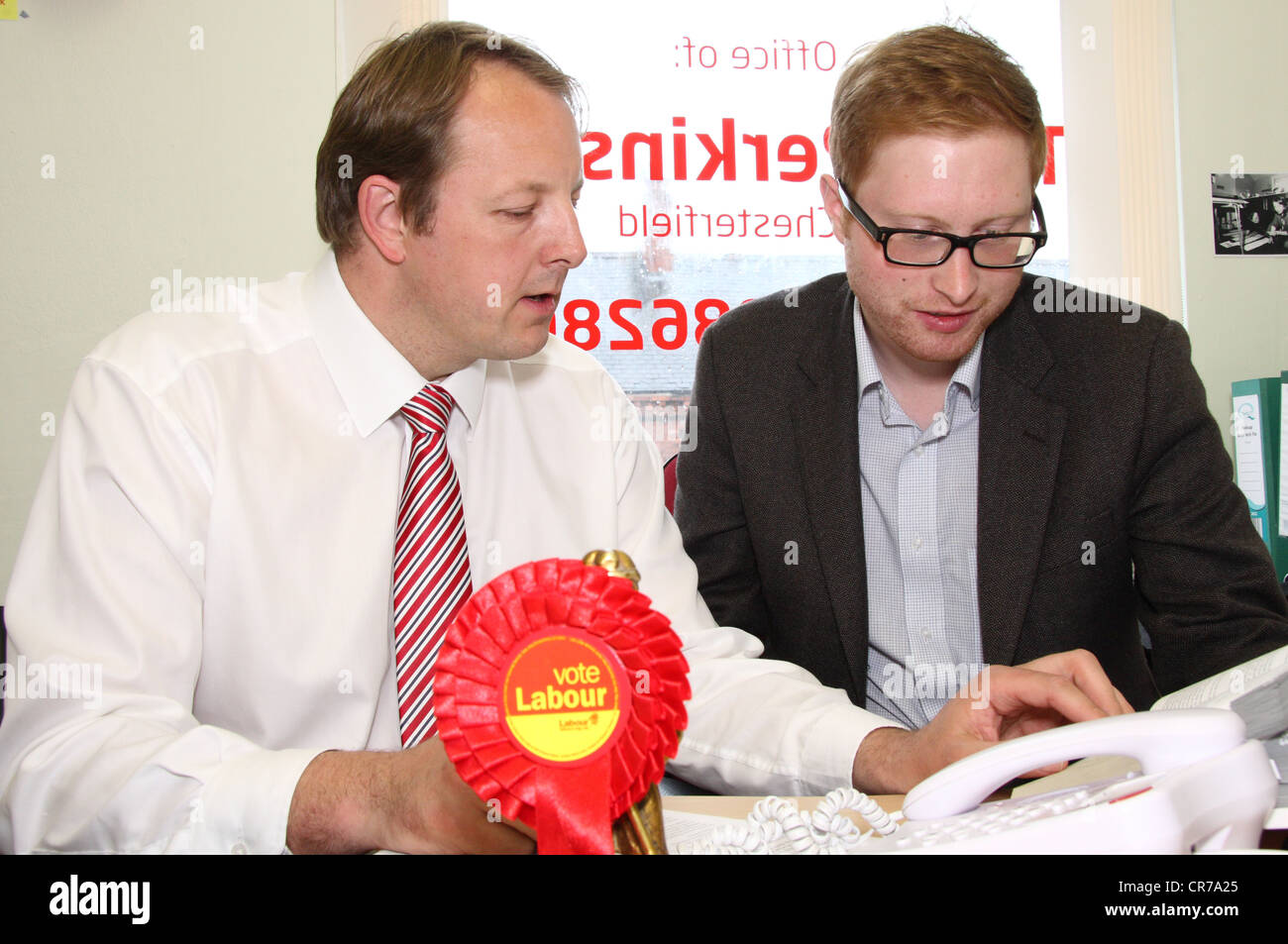 Toby Perkins, Labour Member of Parliament: Chesterfield with constituency office assistant Jonathan Davies, Drbyshire, UK Stock Photo