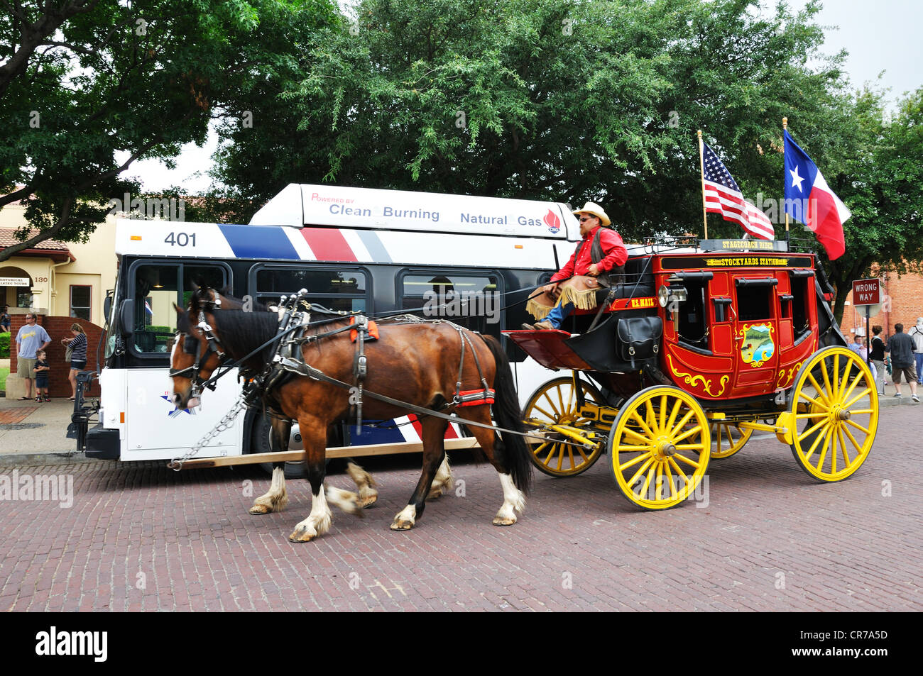 Old West reenactment in Fort Worth, Texas, USA - stage coach with horses Stock Photo