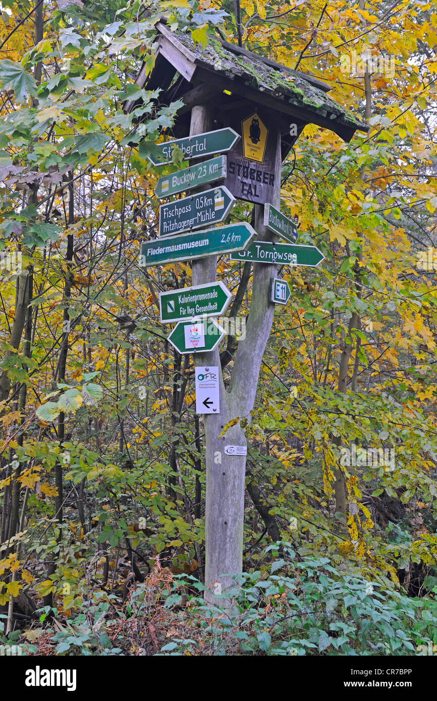 Sign post on the hiking trail, Maerkische Schweiz Nature Park, Buckow, Brandenburg, Germany, Europe Stock Photo