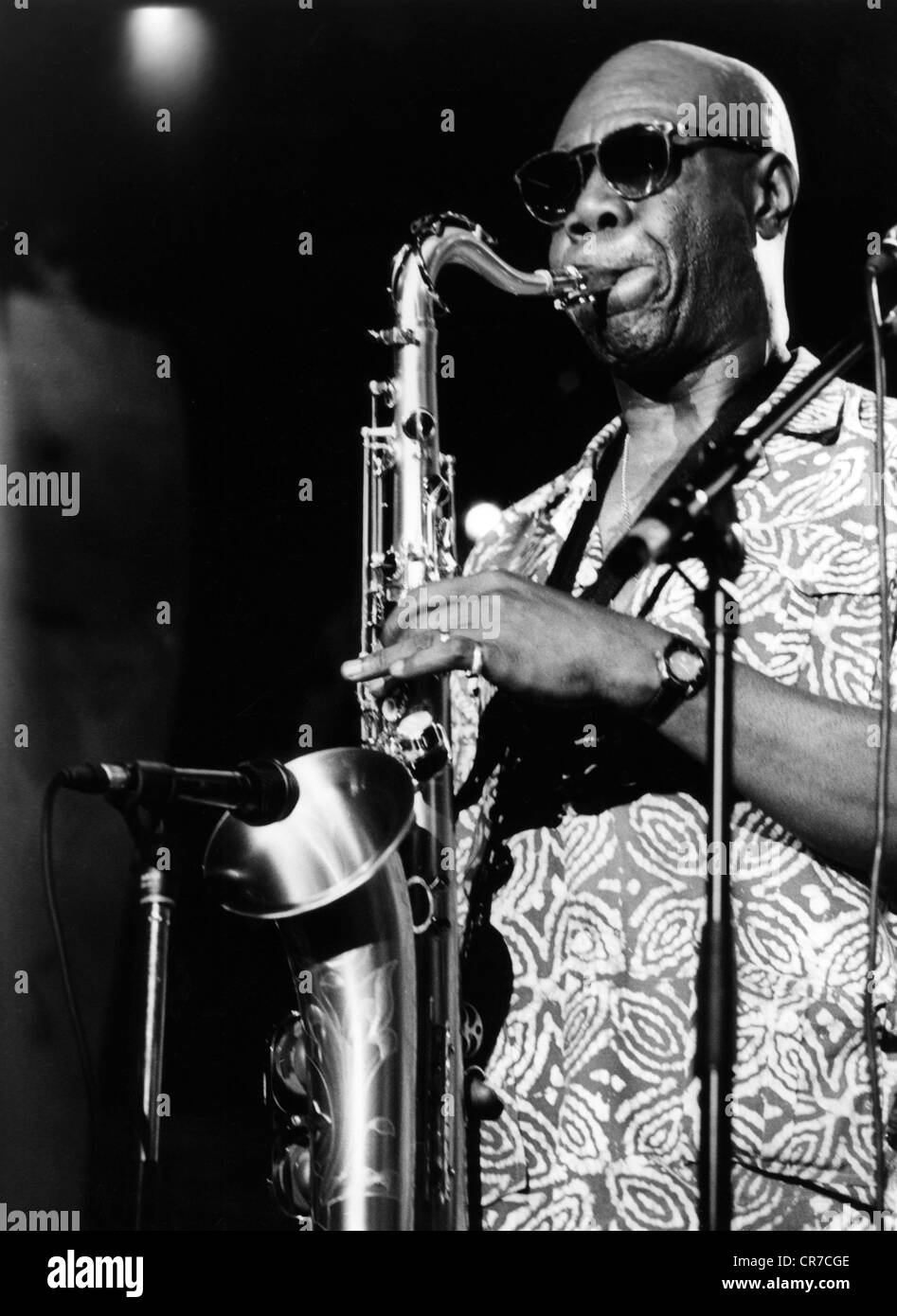 Dibango, Manu, * 12.12.1933, Cameroon musician (saxophonist), half length, during concert gig, Montreux, 1997, , Stock Photo