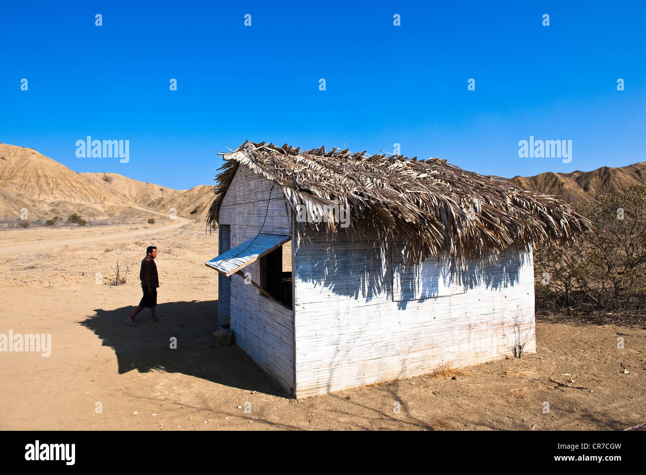 Peru, Piura Province, Cabo Blanco, bamboo house at the edge of the Pan-American Highway Stock Photo