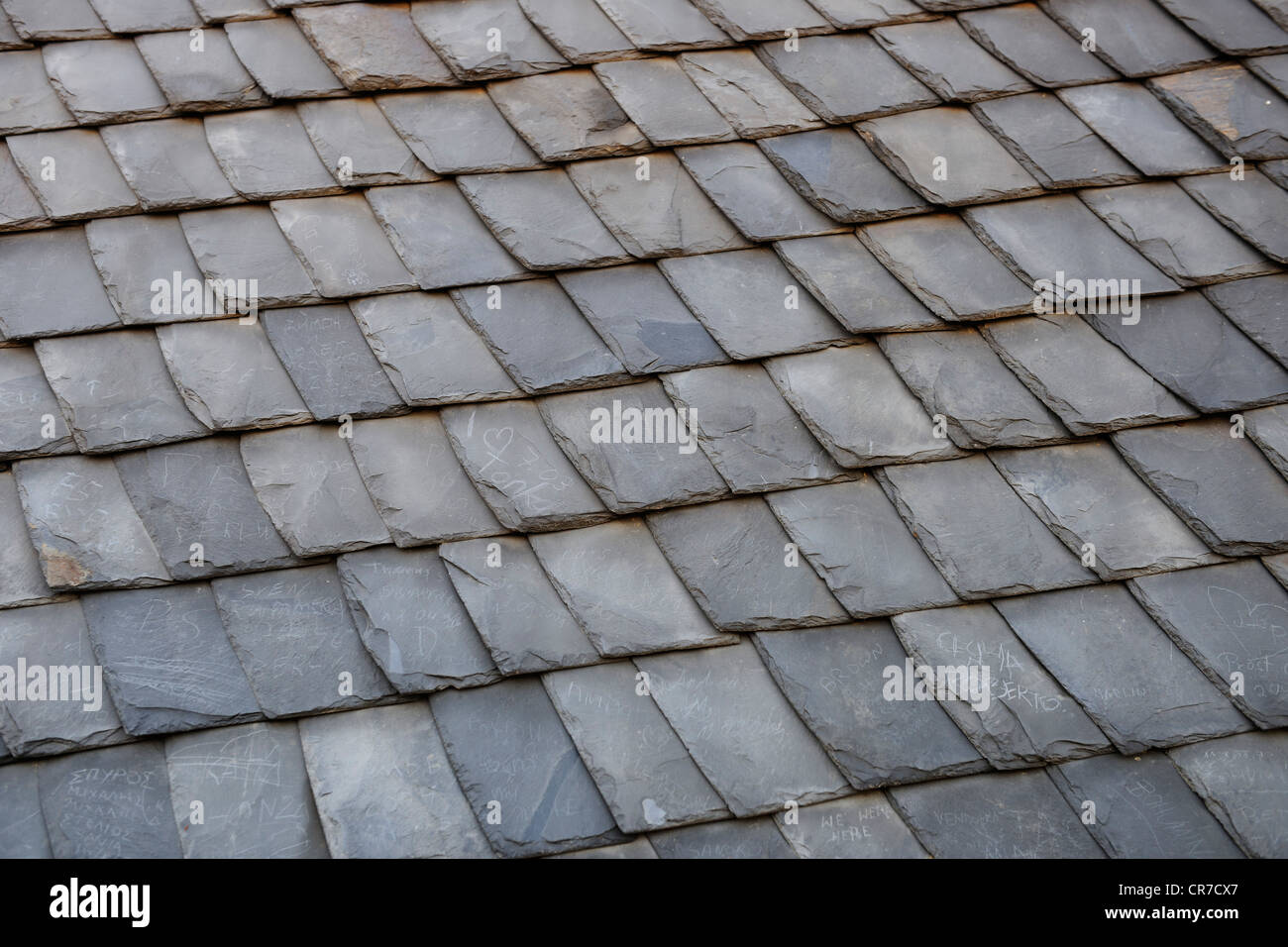Old slate roof tiles on the Old Town Bridge Tower near Charles Bridge, Prague, Bohemia, Czech Republic, Europe Stock Photo
