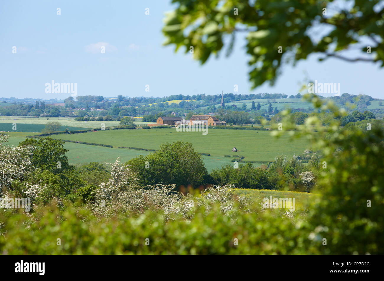 North Oxfordshire Landscape with distant barn conversion and church spire. England UK Stock Photo