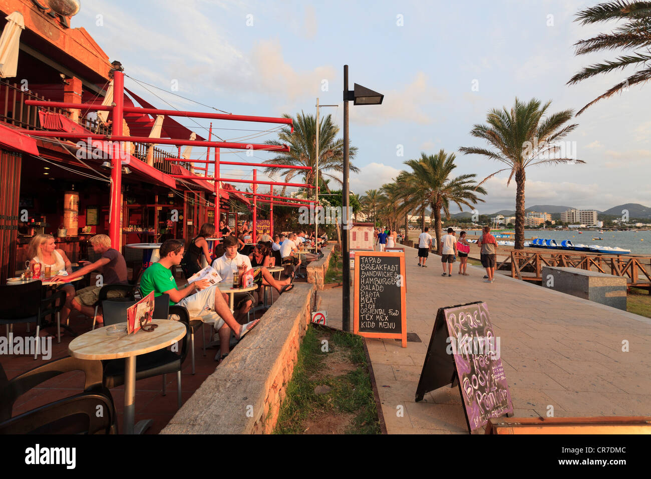 Spain, Balearic Islands, Ibiza, Sant Antoni de Portmany beach resort, beachfront cafes Stock Photo