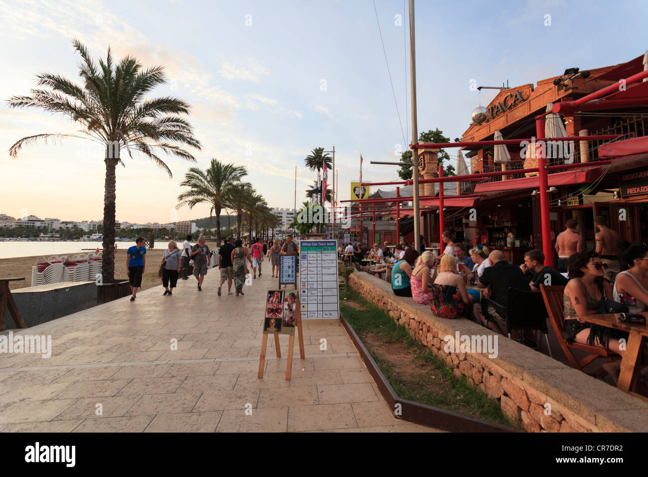Spain, Balearic Islands, Ibiza, Sant Antoni de Portmany beach resort, beachfront cafes Stock Photo