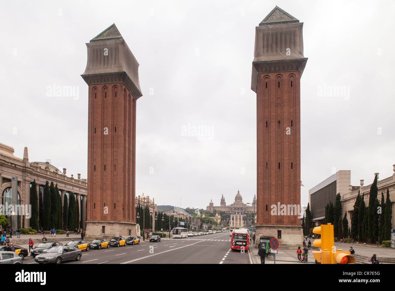 Towers and gate of the Barcelona fair grounds and Montjuïc Park, Parc de Montjuic, Barcelona, Catalonia, Spain, Europe Stock Photo