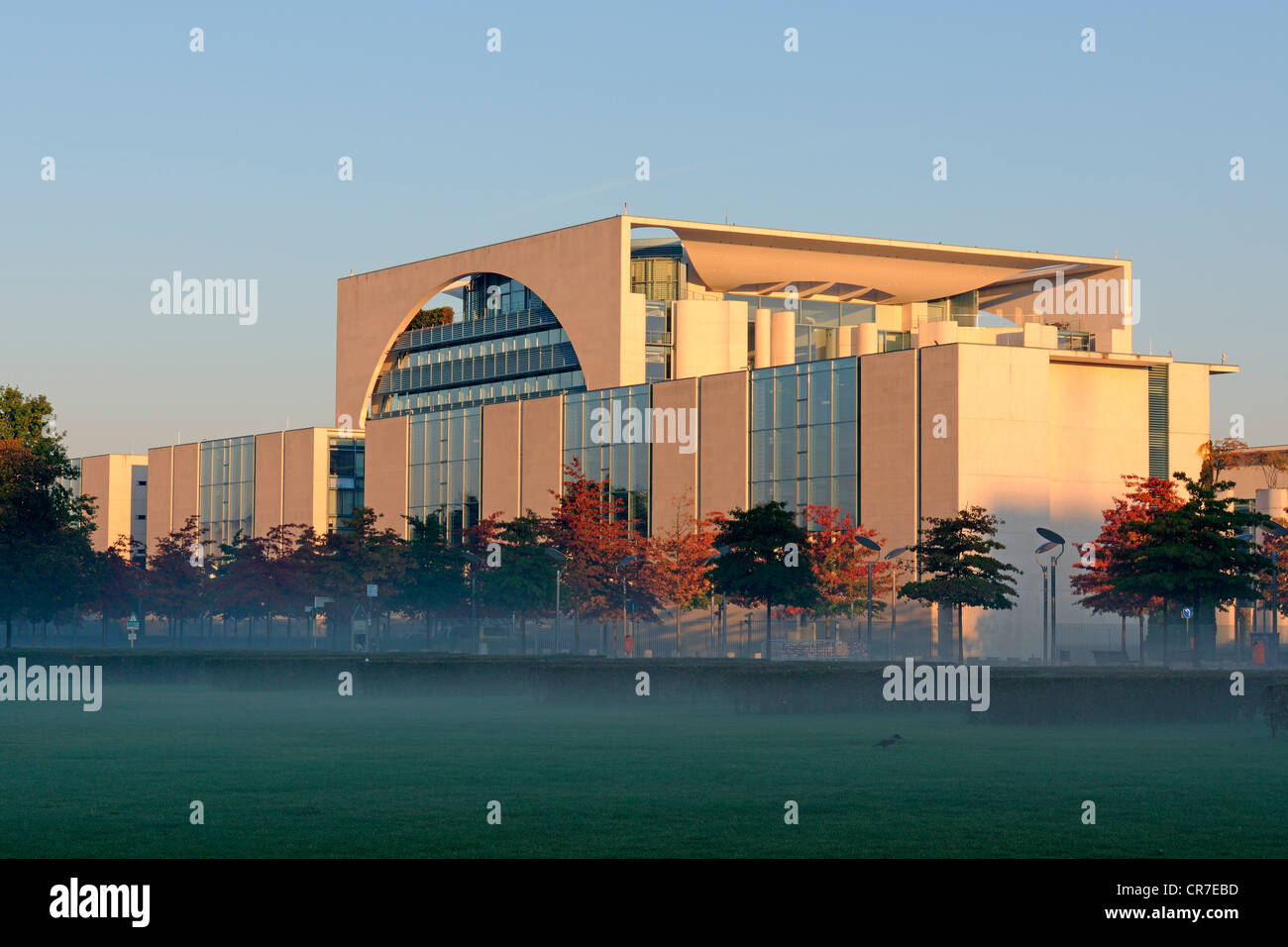 Chancellor's Office at dawn with ground fog, Berlin, Germany, Europe, PublicGround Stock Photo