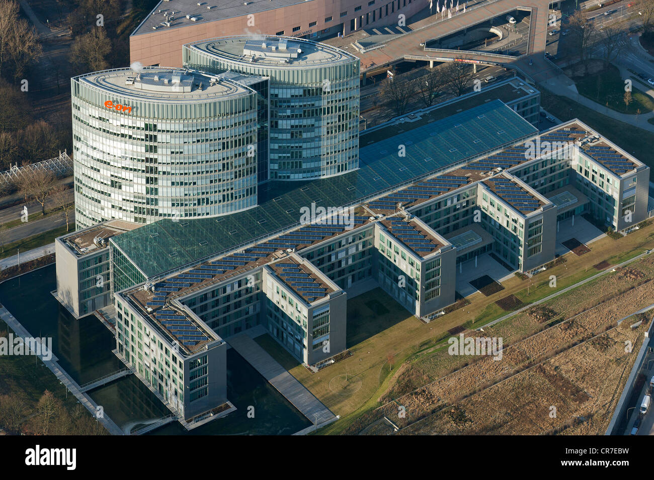 Aerial view, E.ON Ruhrgas headquarters in Essen at the Messe Essen trade fair site and Gruga Park, Essen, Ruhr Area Stock Photo