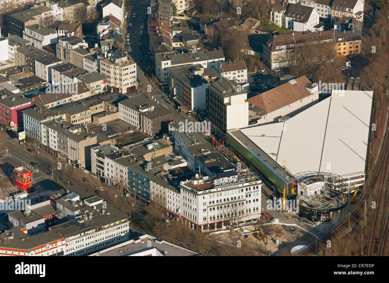 Aerial view, Bermuda3eck, Bermudadreieck, renovated multi-storey car park, Kortumstrasse, Bochum, Ruhr Area Stock Photo